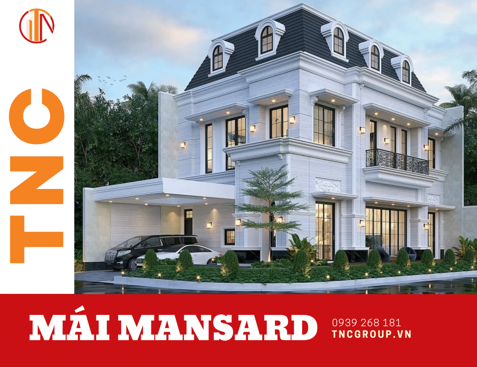 Biệt thự 2 tầng 1 tum tân cổ điển mái Mansard