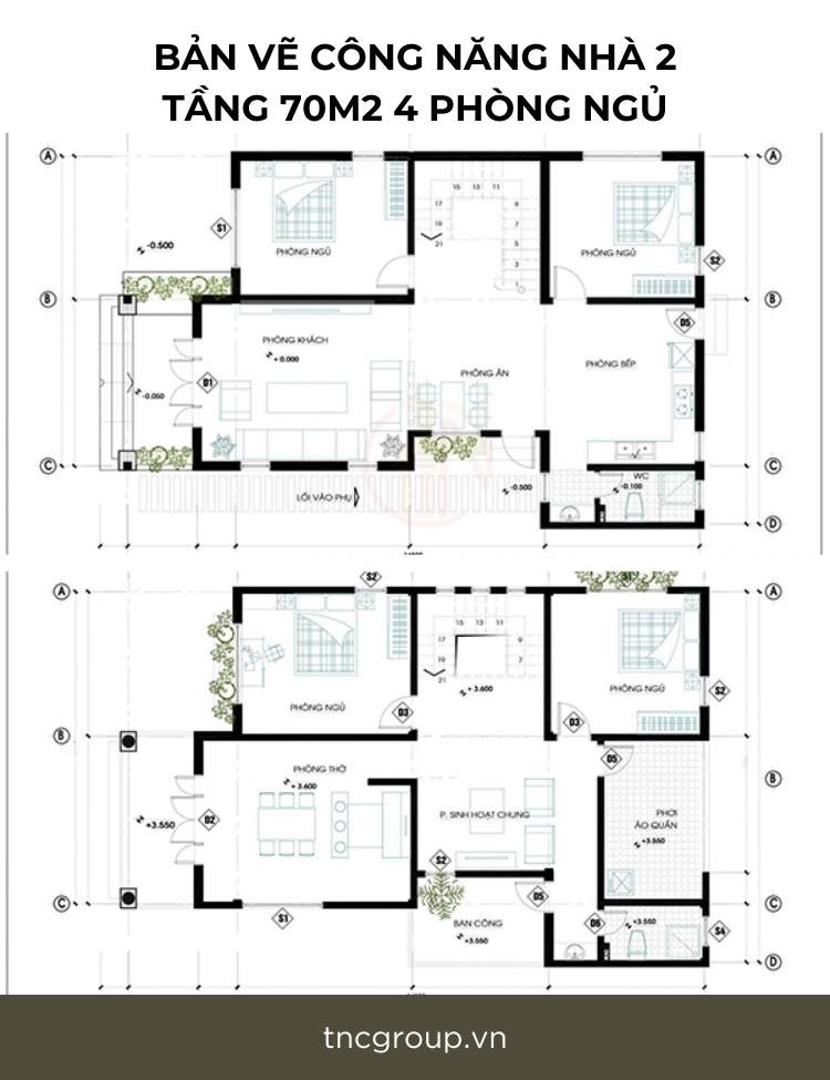 Bản vẽ công năng nhà 2 tầng 4 phòng ngủ 70m2 