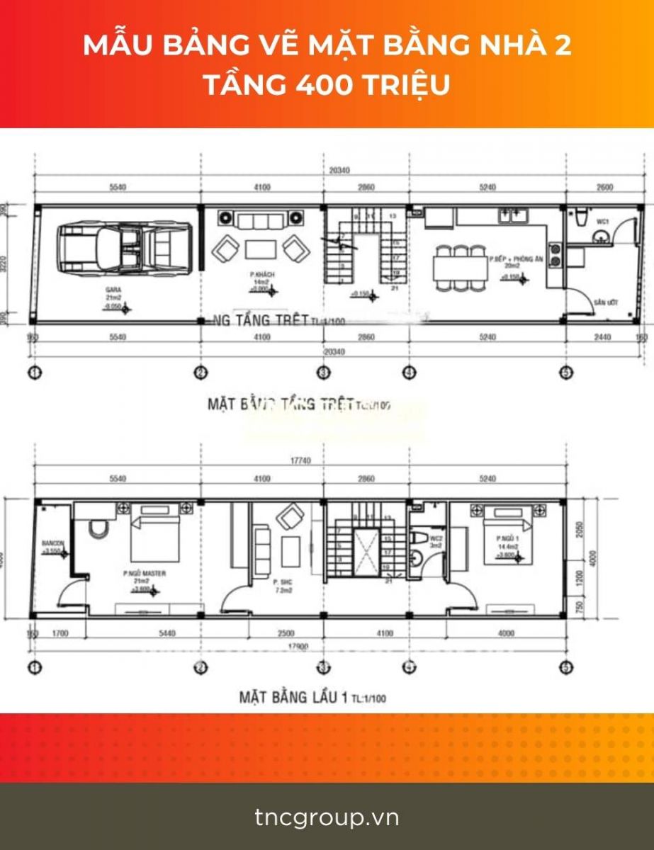 Mẫu bảng vẽ mặt bằng nhà 2 tầng 400 triệu