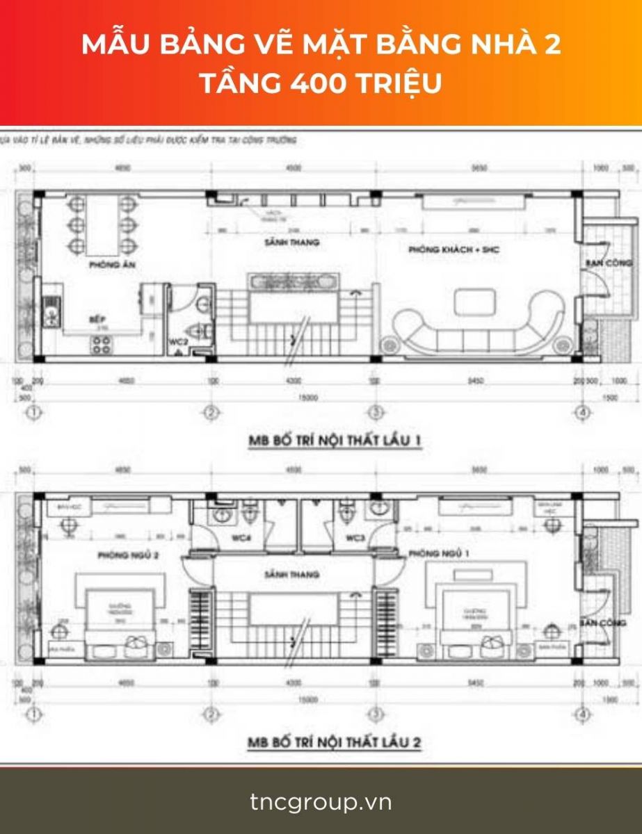 Mẫu bảng vẽ mặt bằng nhà 2 tầng 400 triệu