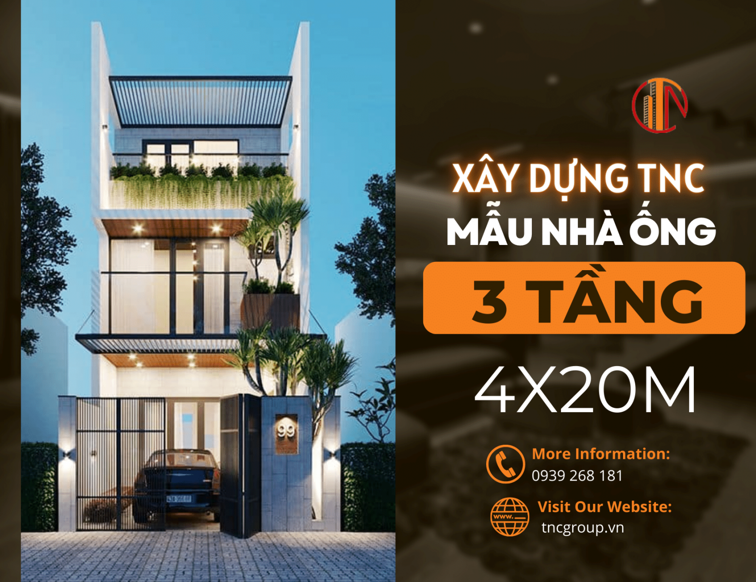 Mẫu nhà phố 3 tầng 4x20m