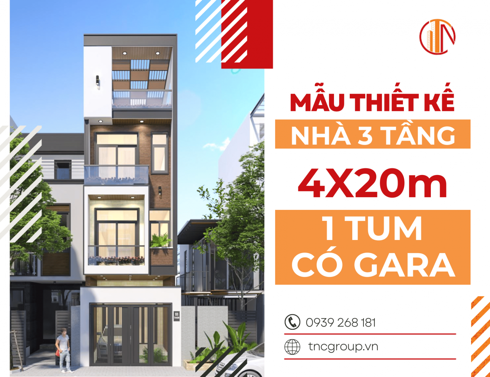 Mẫu nhà phố 3 tầng 4x20m 1 Tum có gara xe hơi