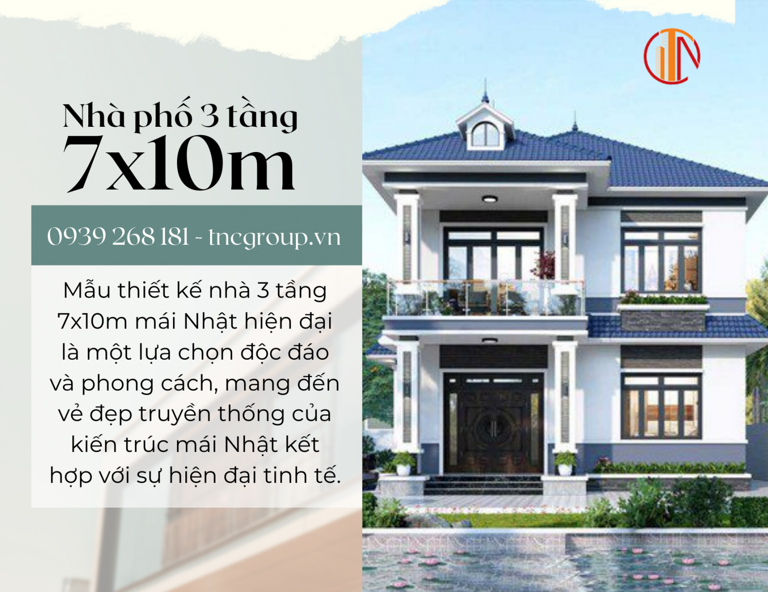 Mẫu thiết kế nhà 3 tầng 7x10m mái Nhật