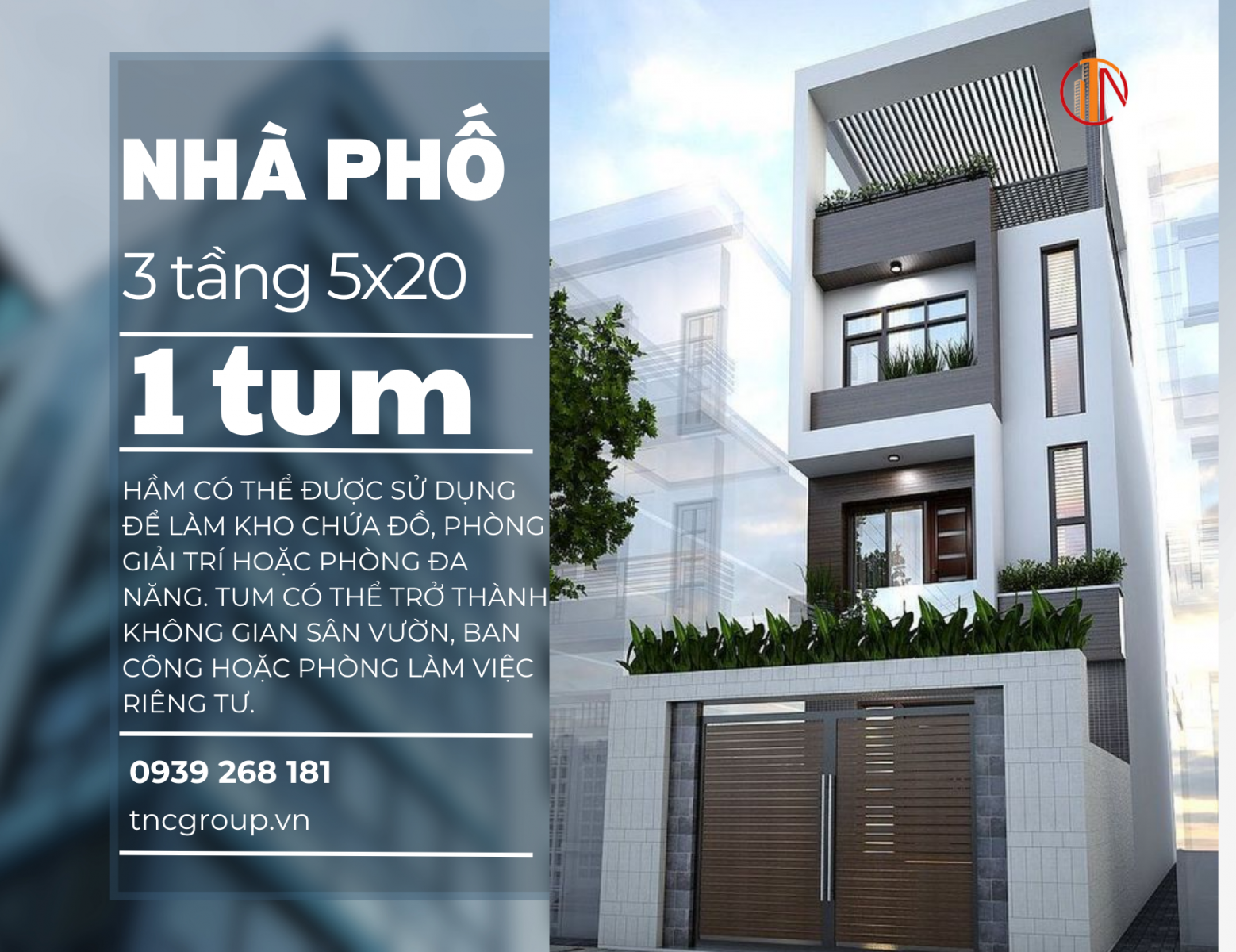 nhà 3 tầng 4 phòng ngủ 5x20 có hầm và tum