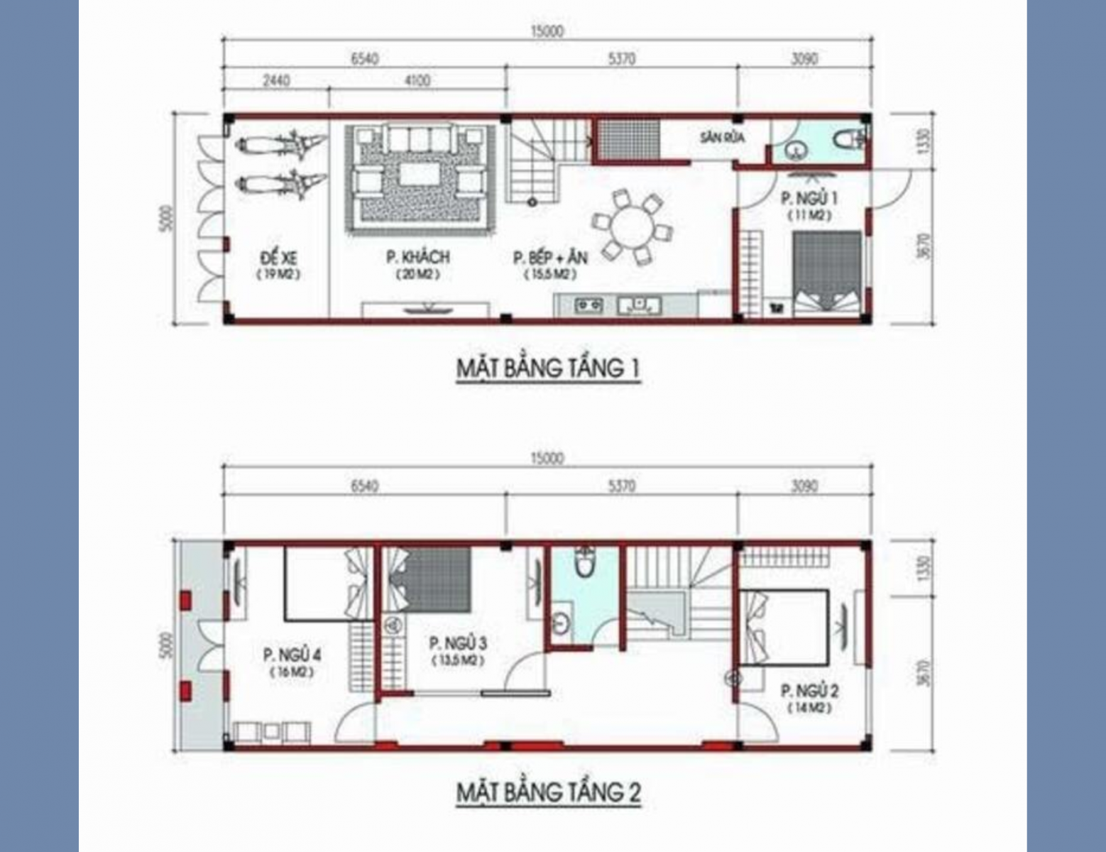 Bản vẽ nhà phố 3 tầng 5×16