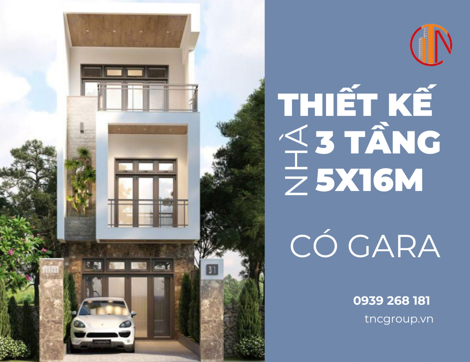 Thiết kế nhà 3 tầng 5x16m có gara để xe