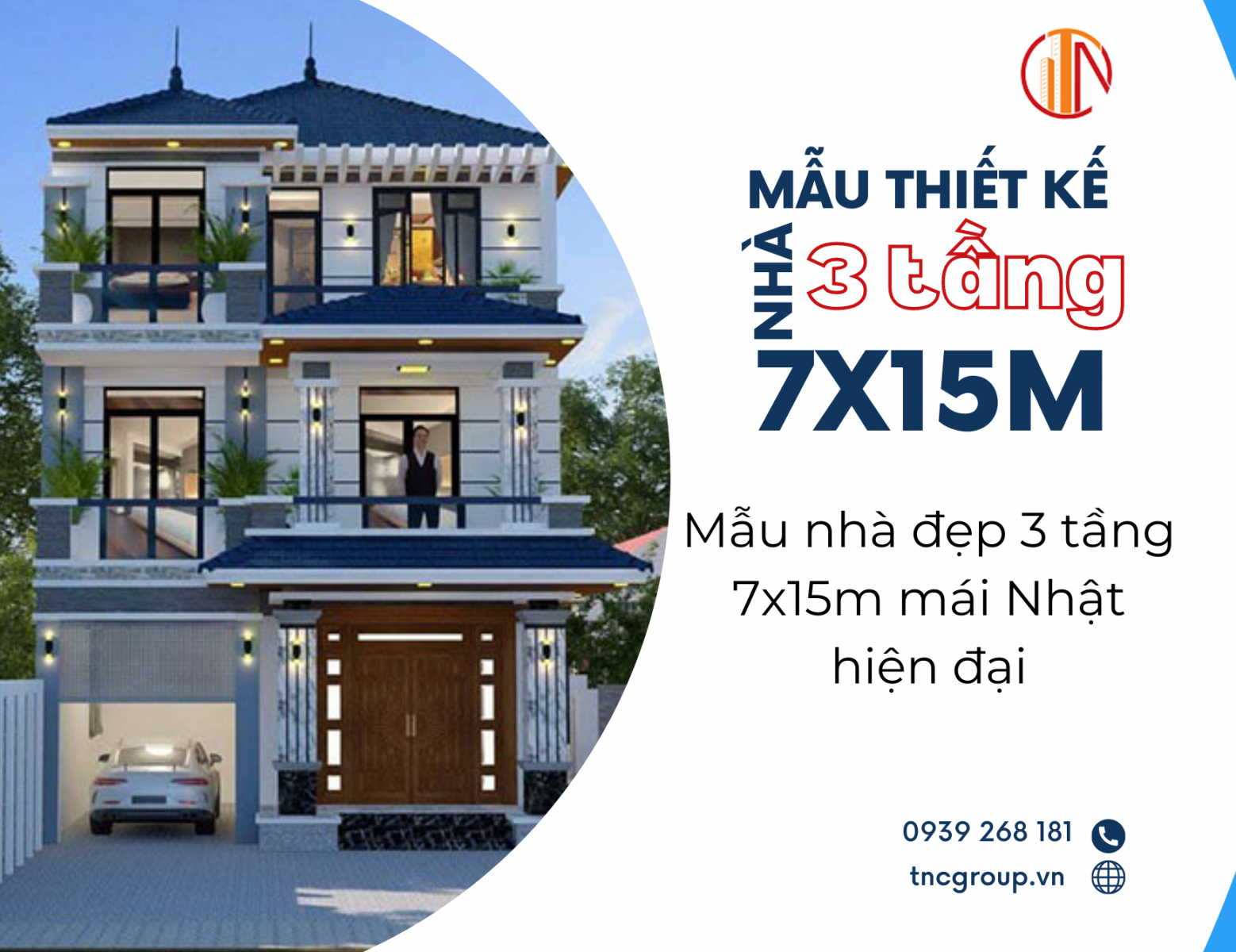 Mẫu nhà đẹp 3 tầng 7x15m mái Nhật hiện đại