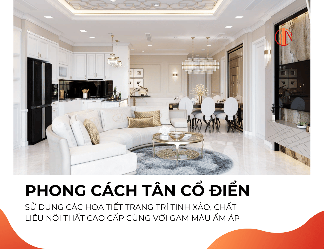 Phòng khách liền bếp 50m2 nội thất tân cổ điển