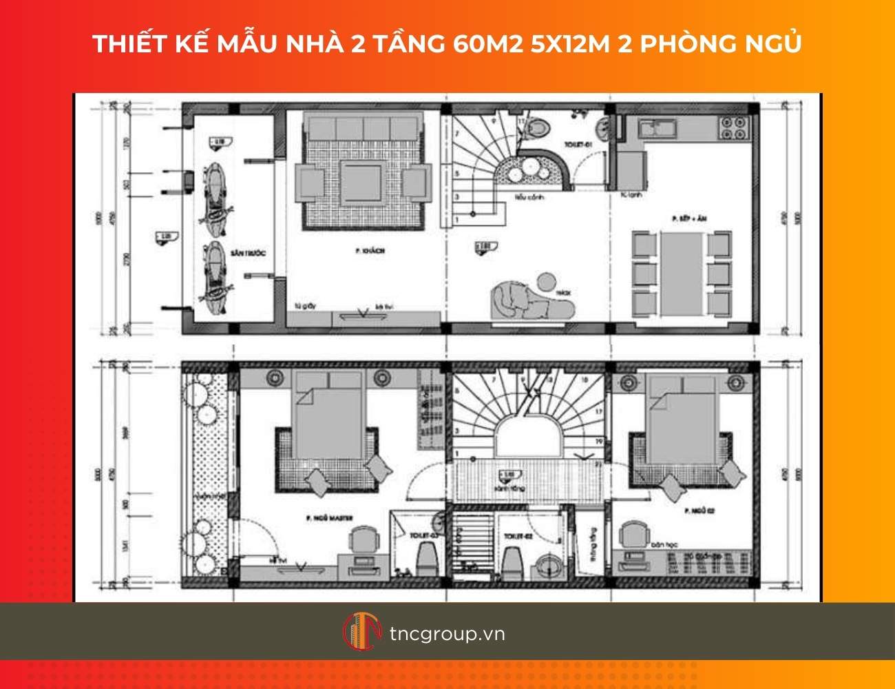 mẫu nhà 2 tầng 60m2 5x12m 2 phòng ngủ