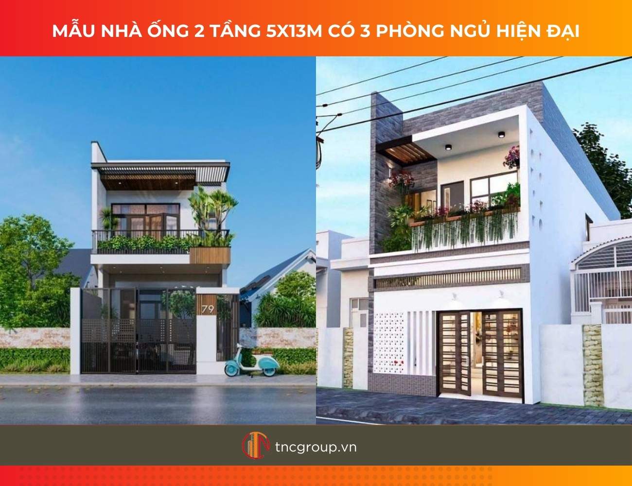 Mẫu nhà ống 2 tầng 5x12m có 3 phòng ngủ hiện đại