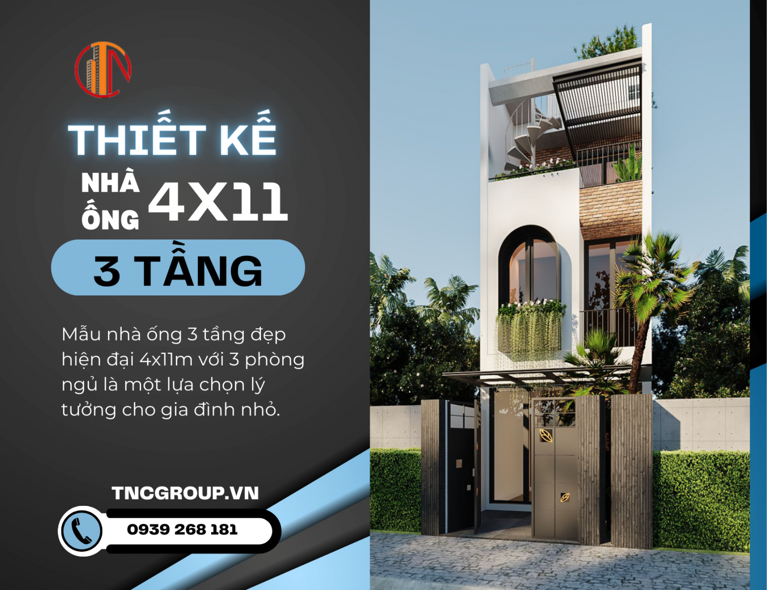 Mẫu nhà ống 4x11m đẹp 3 tầng đẹp hiện đại với 3 phòng ngủ