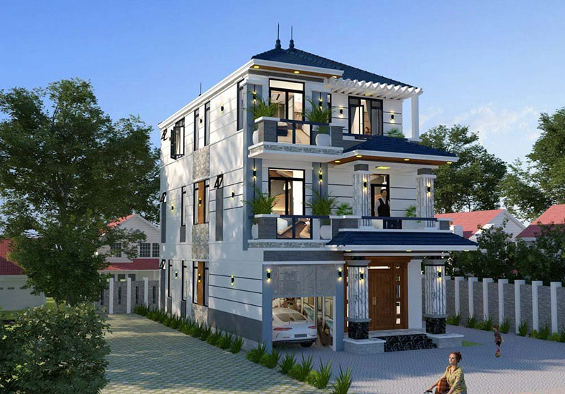 Mẫu nhà đẹp 3 tầng 7x15m mái Thái tân cổ điển nhẹ